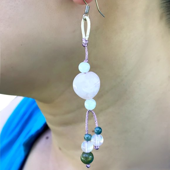 Heavenly Rose Quartz Heart Gemstone Earrings - Picture 2 of 2